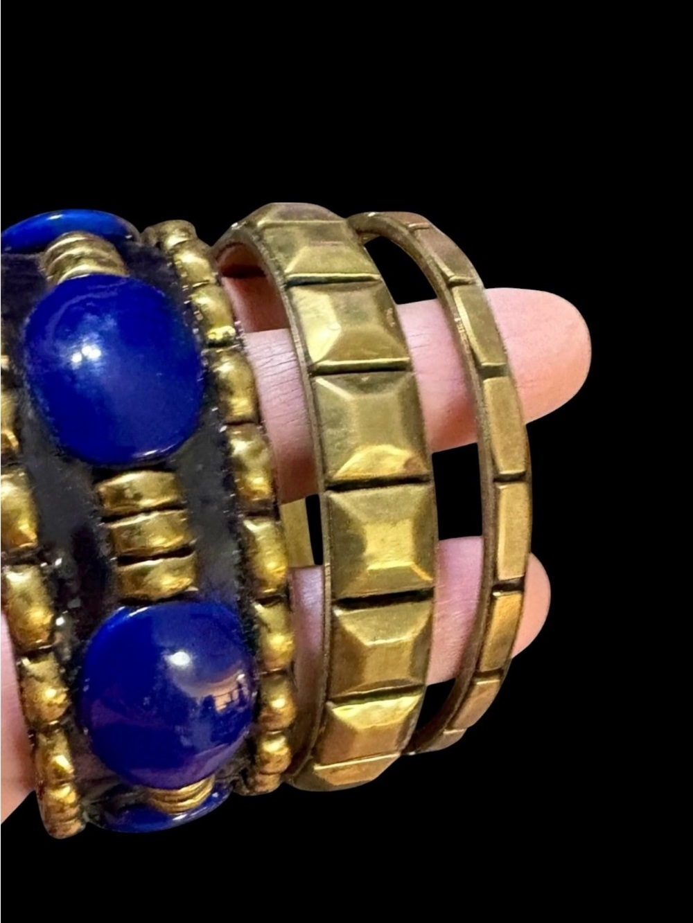 Vintage Brass Blue Cabochon Bracelet & 2 Additional Stackable Bracelets